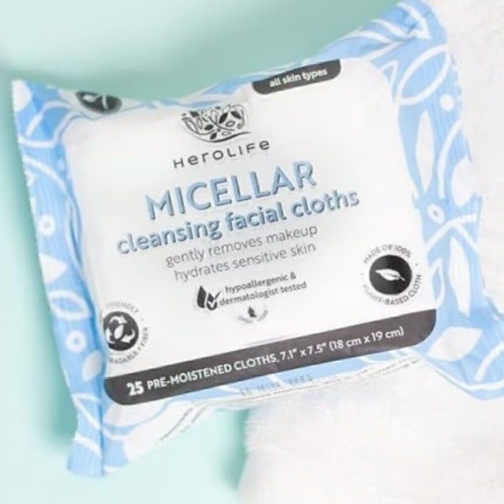 New! HEROLIFE Micellar Cleansing Facial Cloths, Plant-Based, Biodegradable Vegan